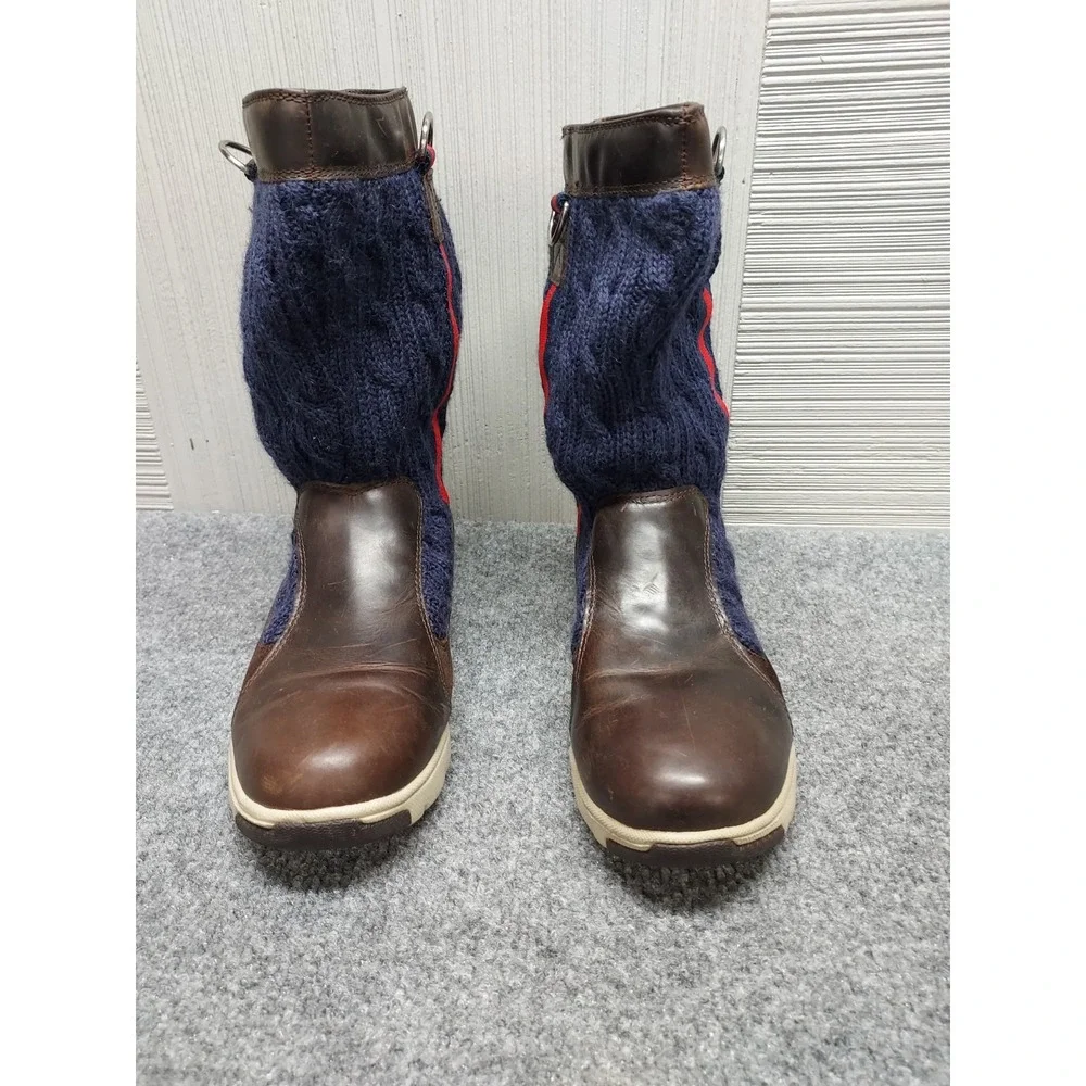 Tommy Hilfiger Men Sweater Boots 8.5M Navy Cable Knit Brown Leather Trim Outdoor